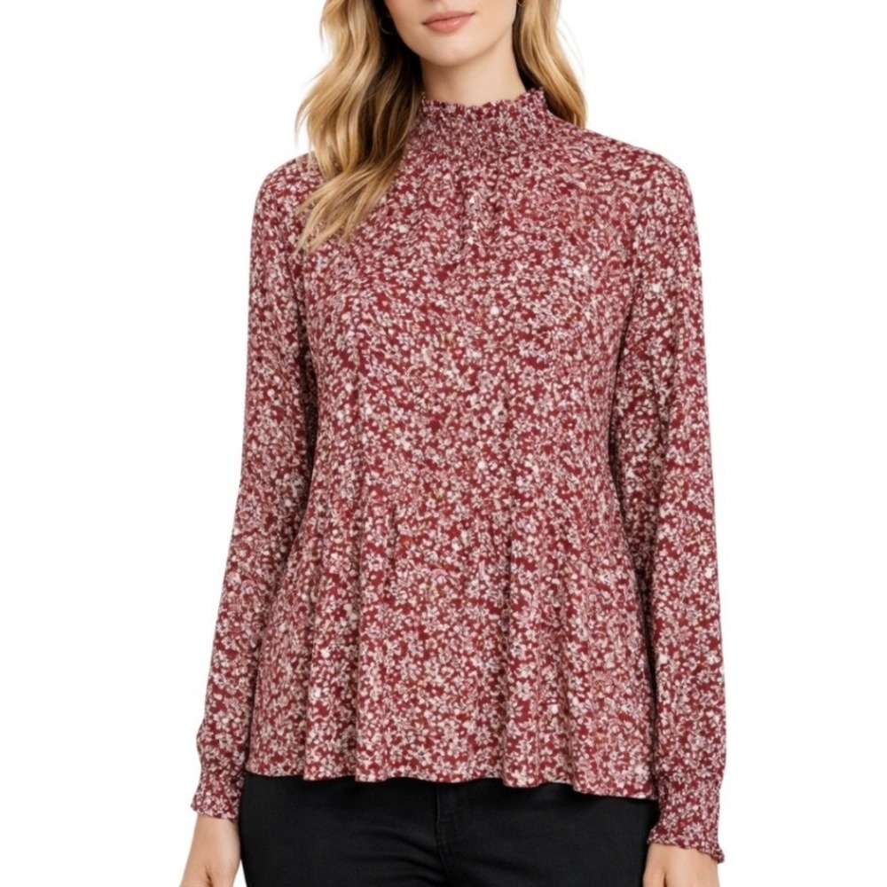 Anne Klein NWT Womens Smocked Mock Neck Floral Knit Top Mauve Combo Size Large
